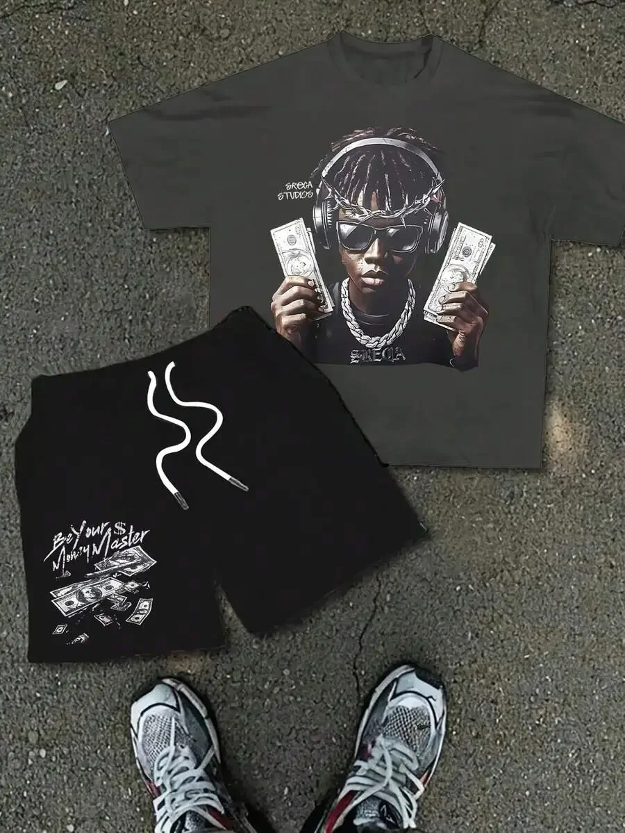 

Mens Hip Hop Streetwear 2-Piece Set T-Shirt And Shorts With Money Print
