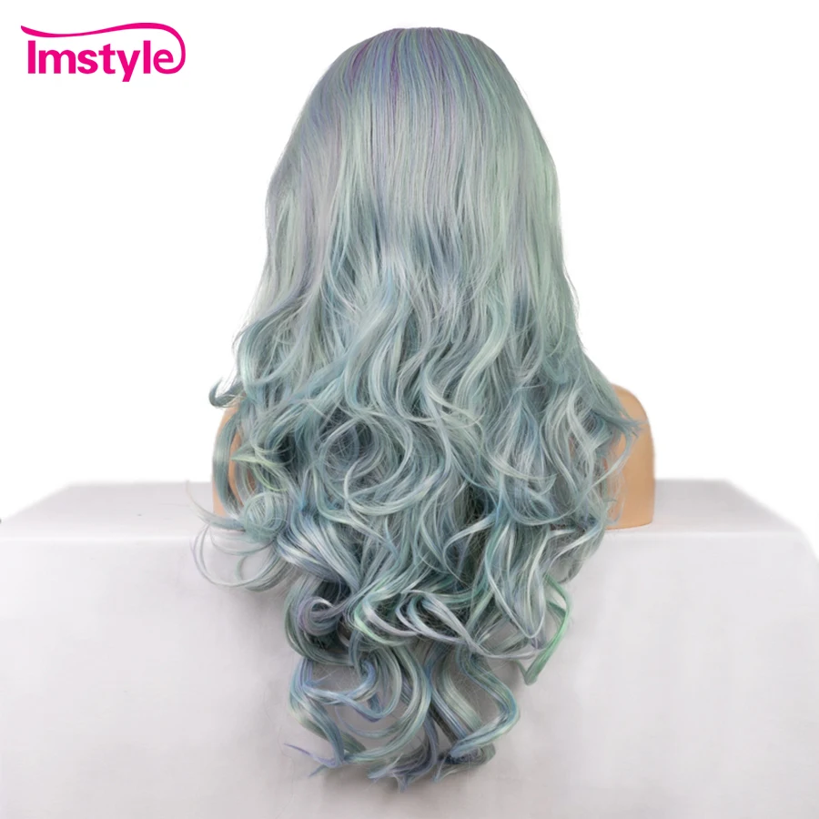 Imstyle Ombre Purple Synthetic Lace Front Wig Green Wig Mixed Color Long Wavy Heat Resistant Fiber Multicolor Wigs For Women