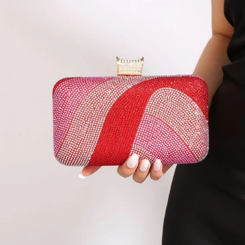 Sacs à main en strass étincelants pour femmes, sacs de soirée pour mariages, sacs de dîner haut de gamme rouge éblouissant, couleur contrastée, Bolsa