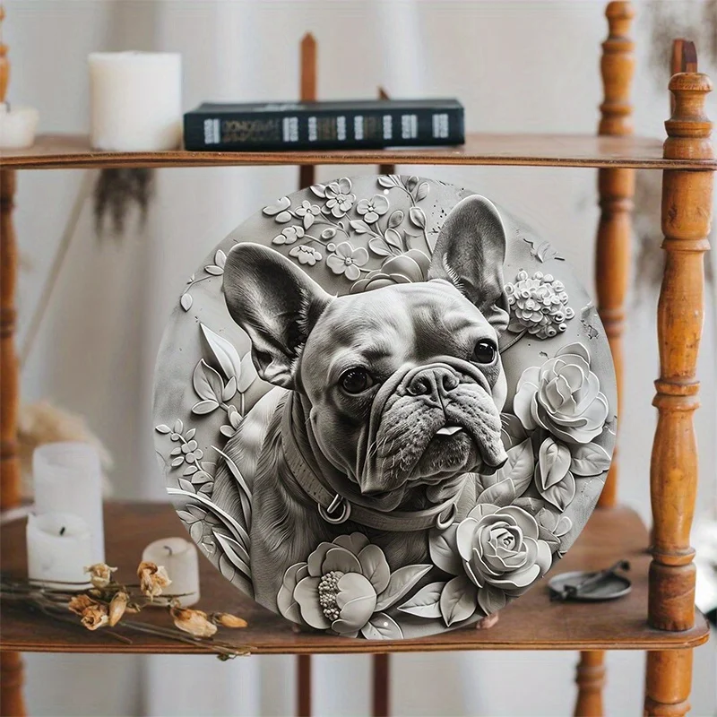 Premium Aluminum Circular Sign, Black and White, French Bulldog Art Print Plaque Decoration, High Quality, 8x8Inch, 1Pc