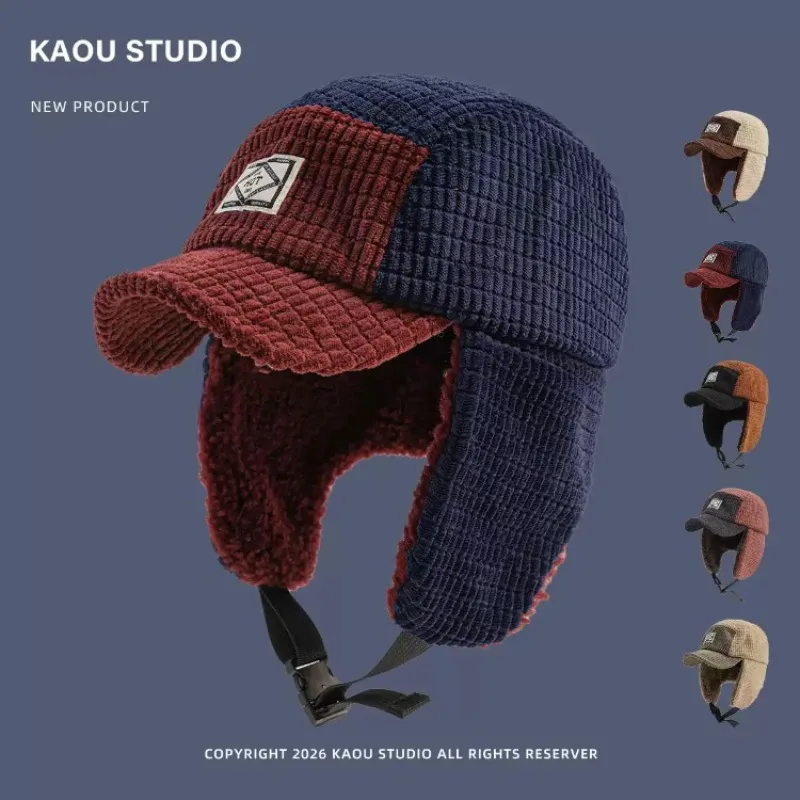 Unisex Winter Trapper Hat Color Block Corduroy Ear Flap Bomber Hats with Thick Fleece Lined Warm Windproof for Cycling Outdoor