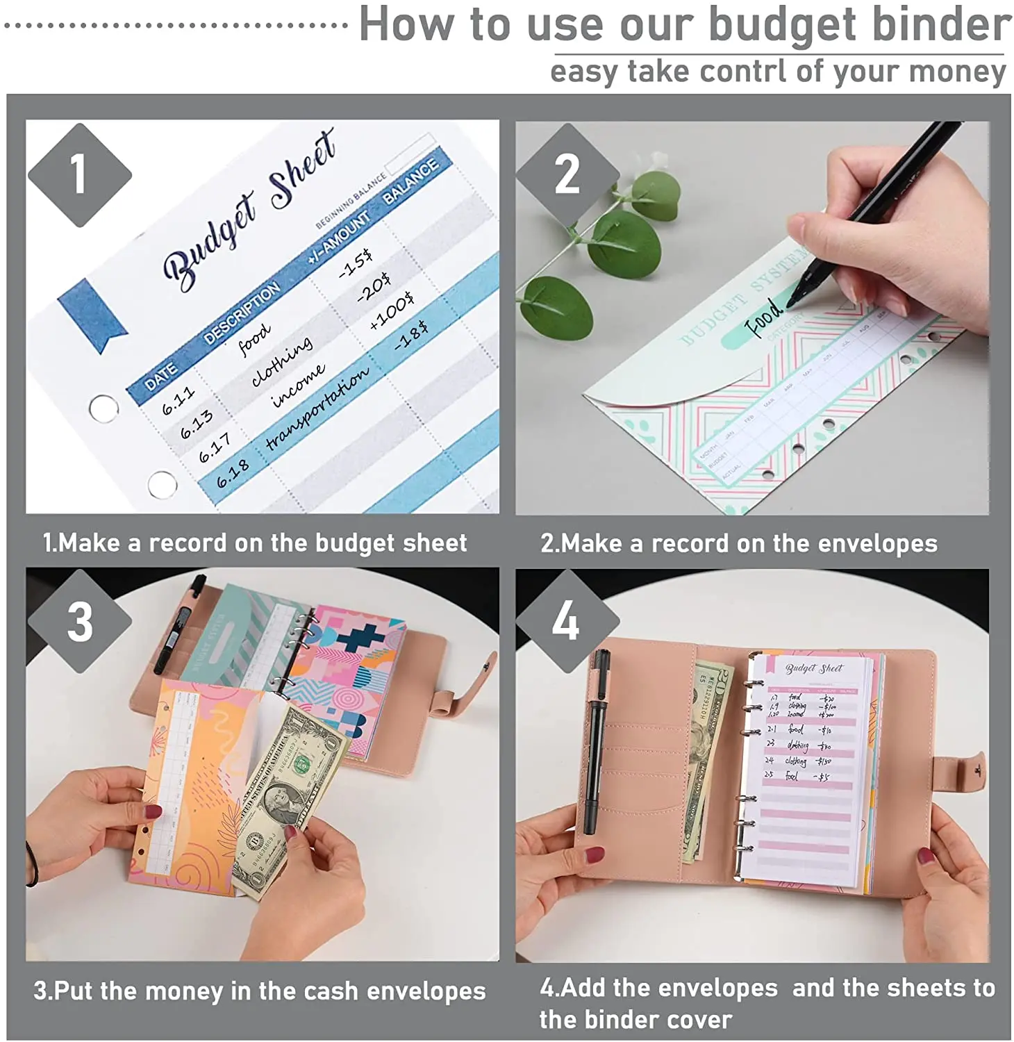 A6 Budget Binder Notebook Envelopes Organizer for Money Saving with Cash Envelopes for Budgeting, Expense Sheets and Marker Pen