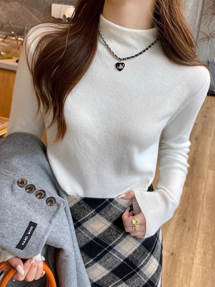 Women Fashion Stretch Tops Autumn Winter Turtleneck Sweater Women Knitted Slim Pullover Korean Long Sleeve Simple Base Layer Top