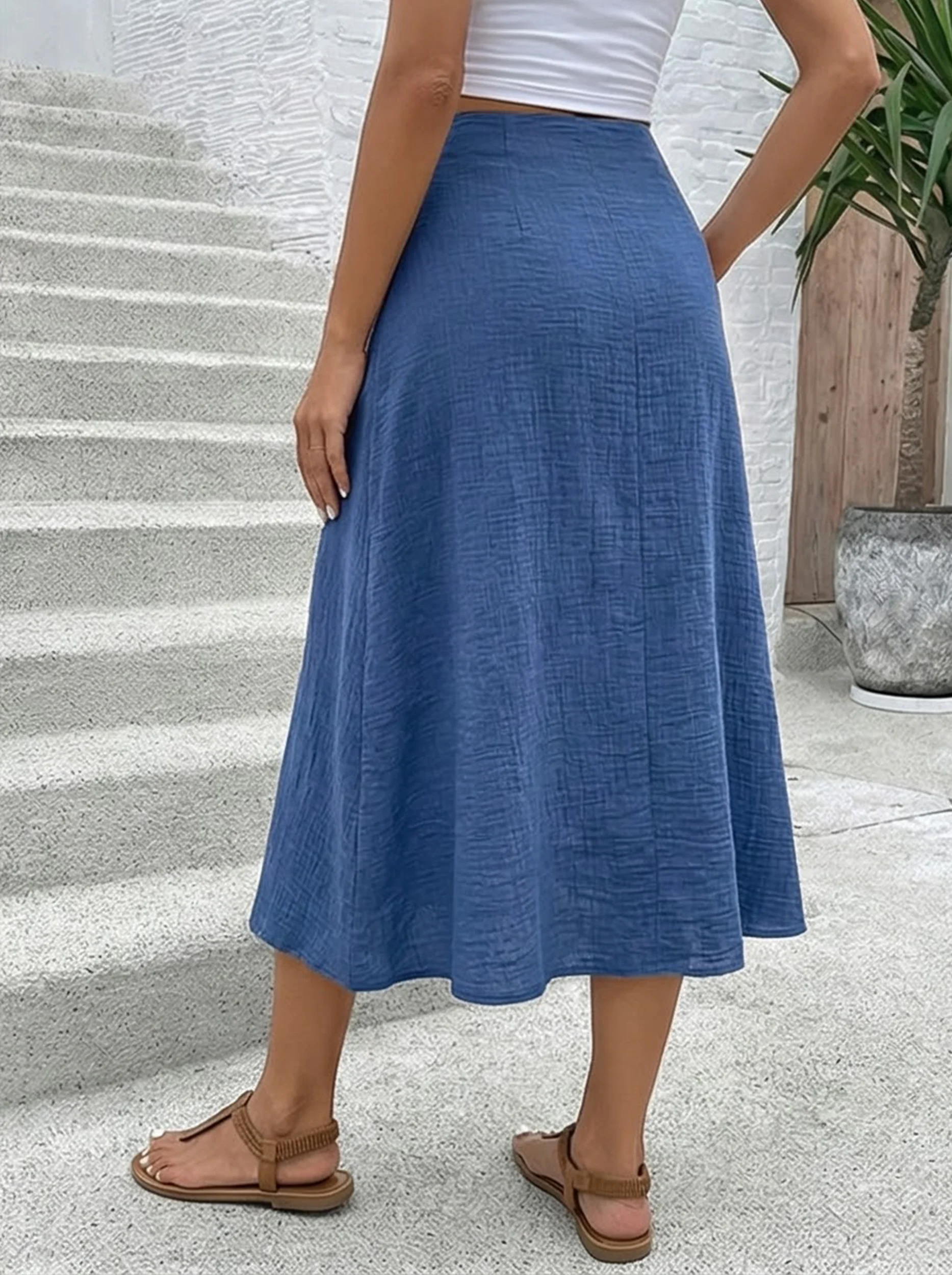 Fashionable Solid Color Long A-Line Half Skirt with Decorative Hemline Elegant Women's Midi Skirt for Casual Wear - view 2
