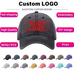 SLECKTON Custom Baseball Cap Brand Logo Design DIY Sun Hat Embroidery Print Photo Washed Retro Cotton Cowboy Hat Adult Wholesale