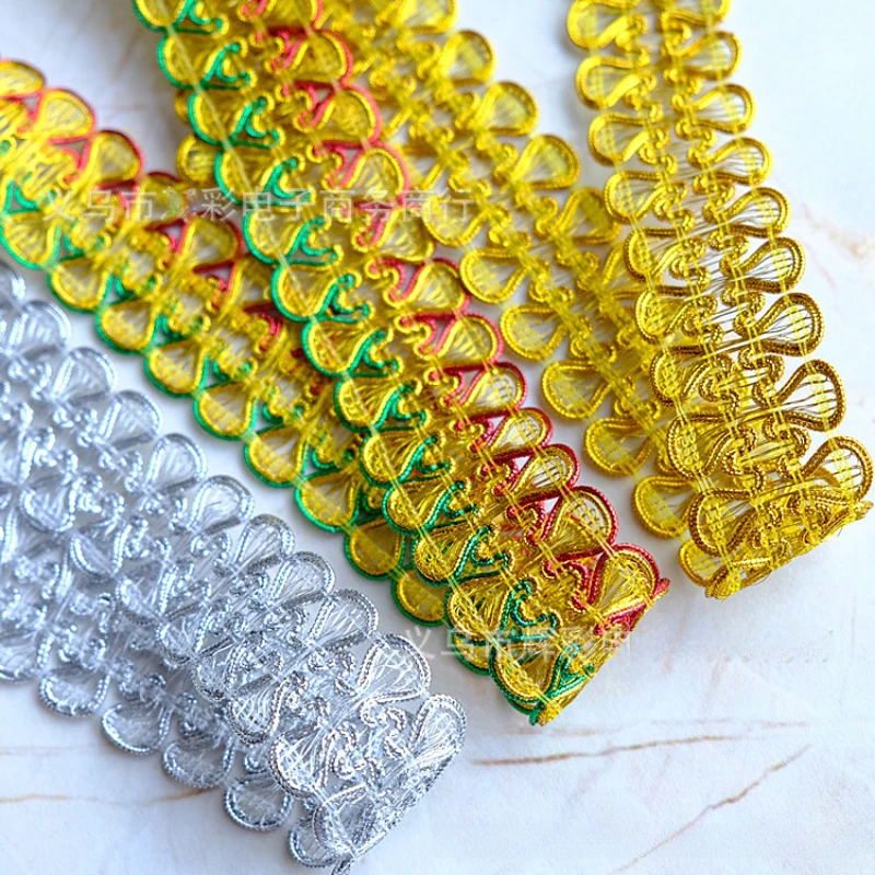 12 Yds Gold Braid Lace Applique Vintag Shiny Gold Sequined 3D Crochet Ribbon Lace Gold Silver Trims 3.4cm