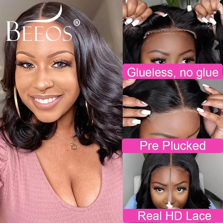 Gluless 5x5 HD Transparent Lace Closure Wig Human Hair Short Body Wave Bob Wigs Pre Plucked Brazilian Hair Melt Skins For Woman