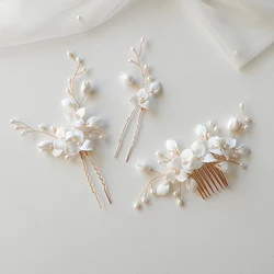 2025 New Bridal Headpiece Freshwater Pearl Spray White Ceramic Flower Design Hair Comb Pins For Wedding Party