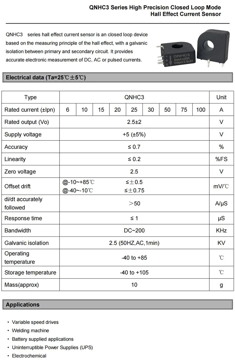 Hall-Stromsensor-Transformator QNHC3 Ausgang 2,5±2V 1,65±0,625V Eingang 10A 20A 30A 50A 100A DC Hall-Effekt-Stromwandler – Detail 2