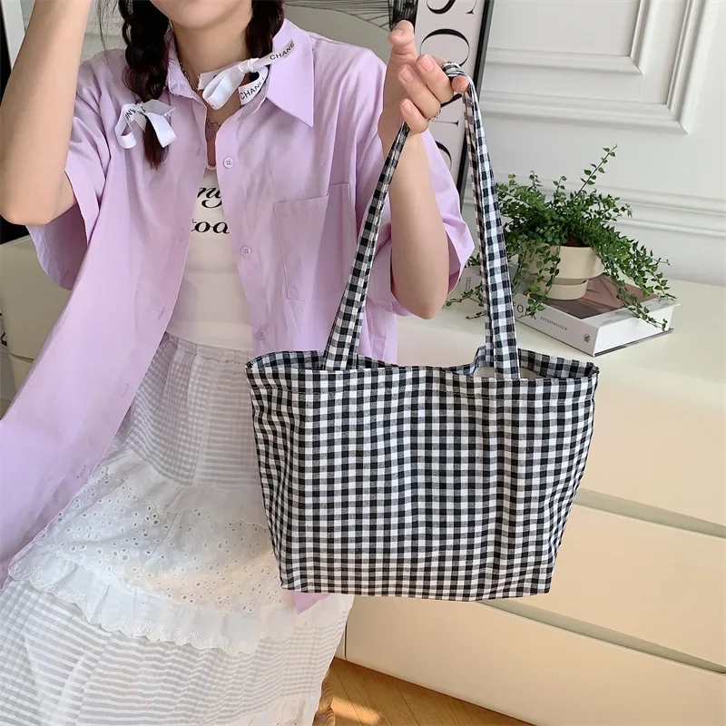 Ladies New Style Canvas Fabric Plaid Shoulder Bag Fashion Simple Handbag Large Casual Capacity shopping Tote Bags