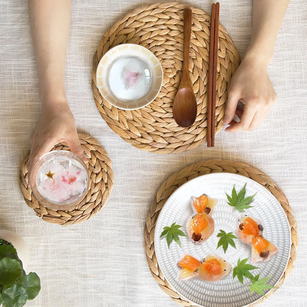 تحديد الموقع المنزلية المنسوجة جولة النمط الرعوي العزل الحراري طاولة طعام الديكور مقاومة للاهتراء إبريق الشاي حصيرة أطباق وسادة #4