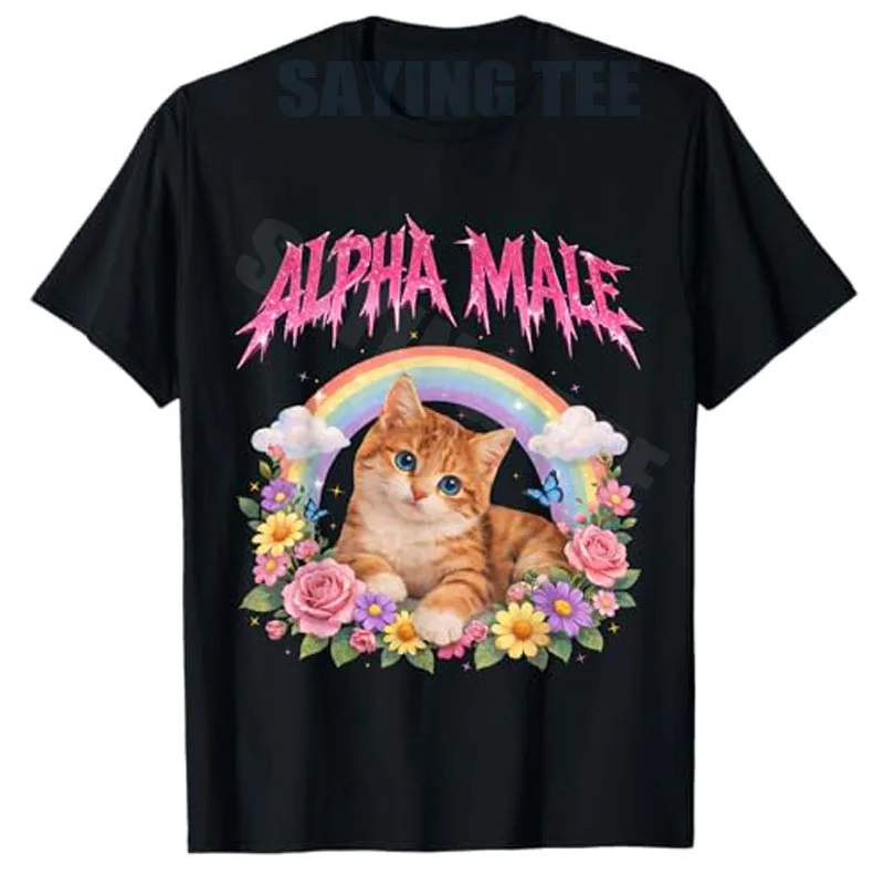 Alpha Male Funny Kitten Rainbow Floral T-Shirt Y2k Women's Fashion Cat Lover Gaphic Apparel Summer Fashion Short Sleeve Tee Tops