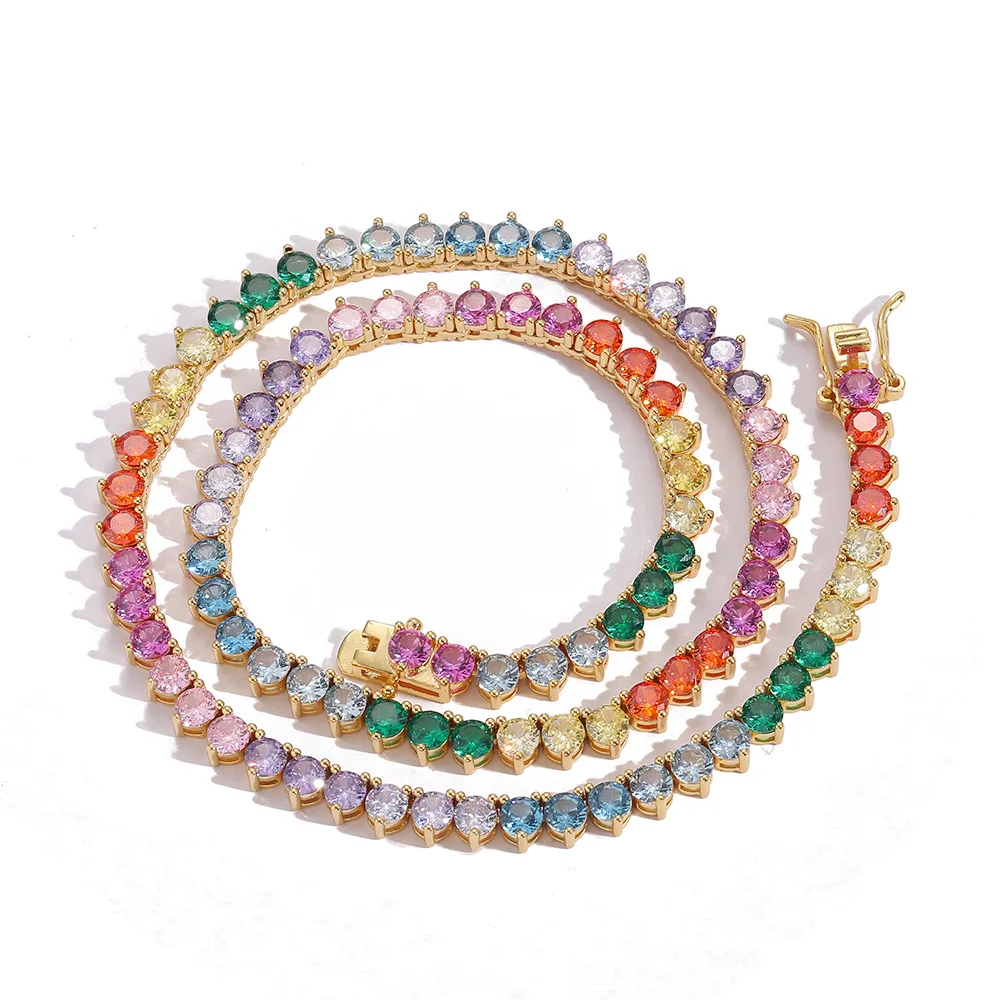 YLMyself 4MM Rainbow Cubic Zircon Tennis Necklace Brass 16–18 Inch Choker Chain Jewelry For Women Men