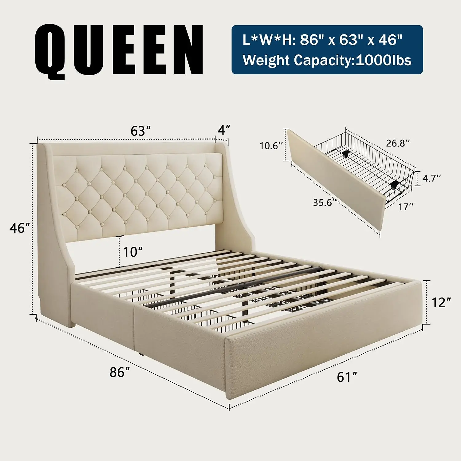 Upholstered Queen Bed Frame with 4 Drawers, Wingback Headboard, USB Charging, Noise-Free, No Box Spring, Beige, Customized