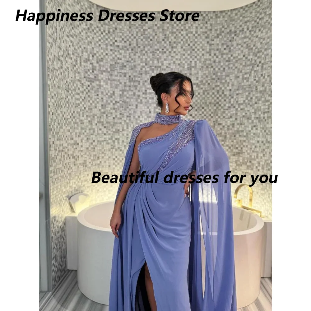 Abito da sera lungo personalizzato con perline collo alto maniche lunghe pieghe chiffon lunghezza pavimento una linea abito da cocktail party abiti da ballo