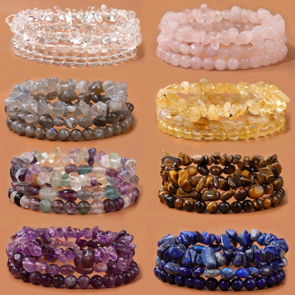 3Pcs/Set Natural Stone Bracelets Tiger Eye Lapis Lazuli Rose Quartzs Bracelet Round Irregular Beads Bracelet for Women Men