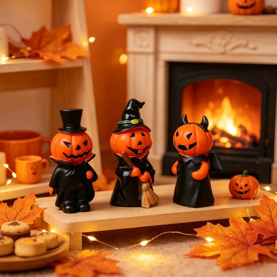 Cute Mini Ghost Pumpkin Witch Demon Resin Figurines Halloween Home Tabletop Party Decoration Gift Set Ornament Collection
