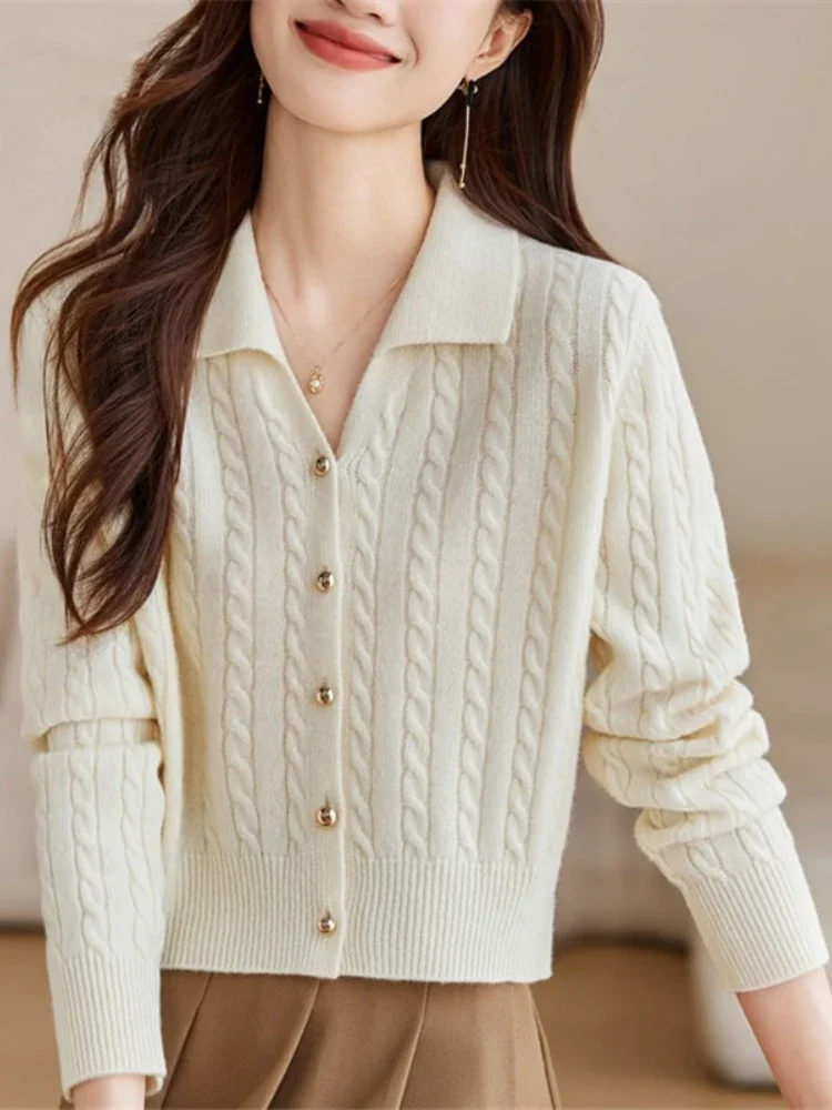 2026 Autumn Apricot Wool Knit AOSSVIAO  Women's Cardigan Cropped Petite Long Sleeve Sweater Outerwear Solid Color Versatile Top