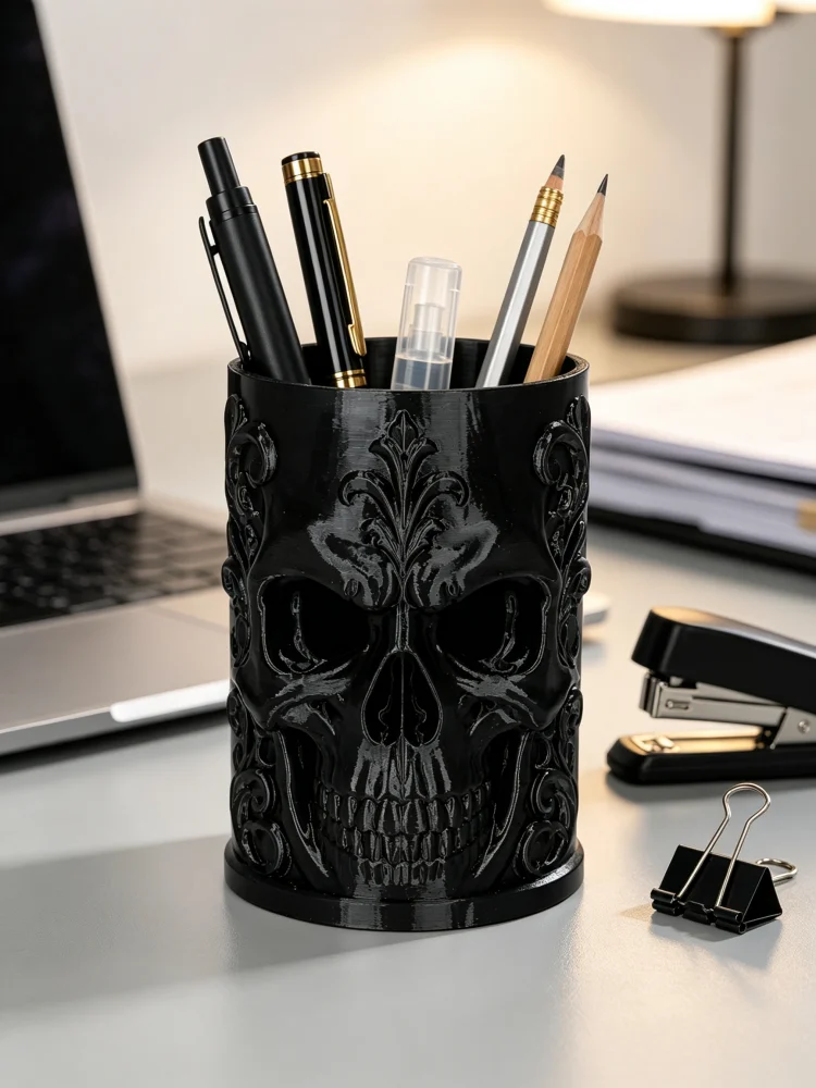 Dark Gothic Room Decoration Skull Pen Holder with Transparent Carved Skull Design, Vintage Luxurious Embossed Carving Craft Desktop Pen Storage Box, Matte Black Petg Durable Plastic with Stable Wide Base, Office Desk Study Stationery Organizer, Makeup Brush Storage Holder, Halloween Decoration, Thrilling and Spooky Desktop Skull Ornament, Novelty Stationery Gift