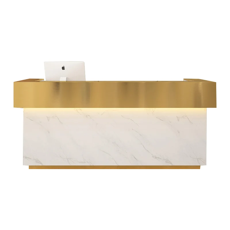 High Quality Custom Gold Reception Desk Boutique Checkout Counter Salon Reception Desk White