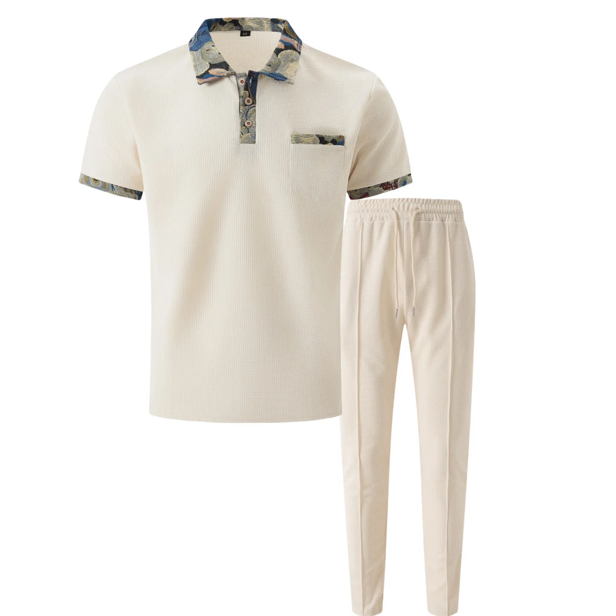 2025 New style Men's Summer Waffle patchwork color lapel pocket short-sleeved daily casual drawstring pants tops two-piece set