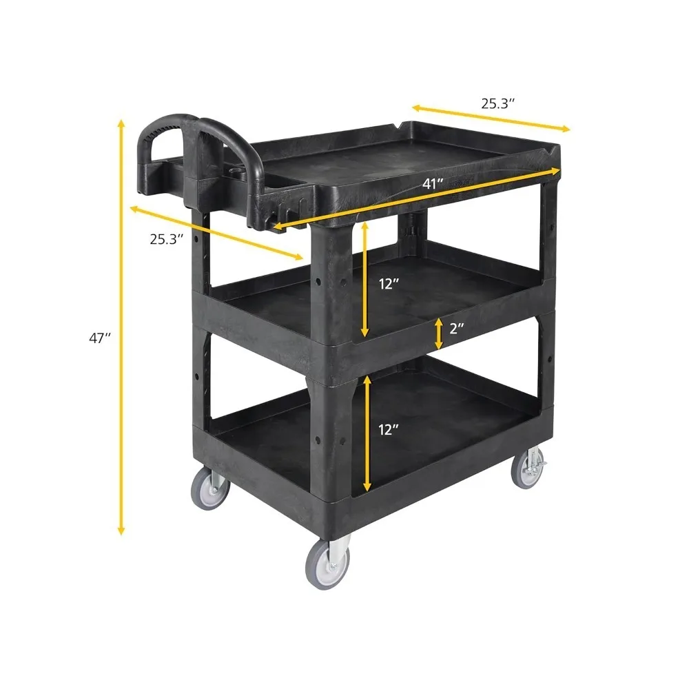 Heavy-Duty 3-Shelf Utility Cart, 600lb Capacity Service Cart with Lipped Shelves