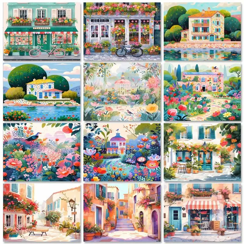 

SDOYUNO Frame Oil Painting By Numbers For Adults Flower House Coloring By Numbers On Canvas Drawing For Home Decor