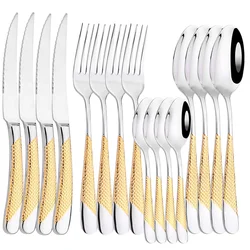 16Pcs Dinnerware Sliver Stainless Steel Cutlery Gold Plated Western Tableware Dinner Set Mirror Knife Fork Spoon Dishwasher Safe