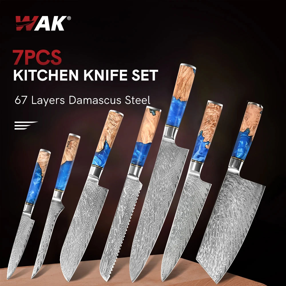 WAK Kitchen Set Damascus Steel Chef Knife Cleaver Bread Paring Blue Resin and Pakka Wood Handle