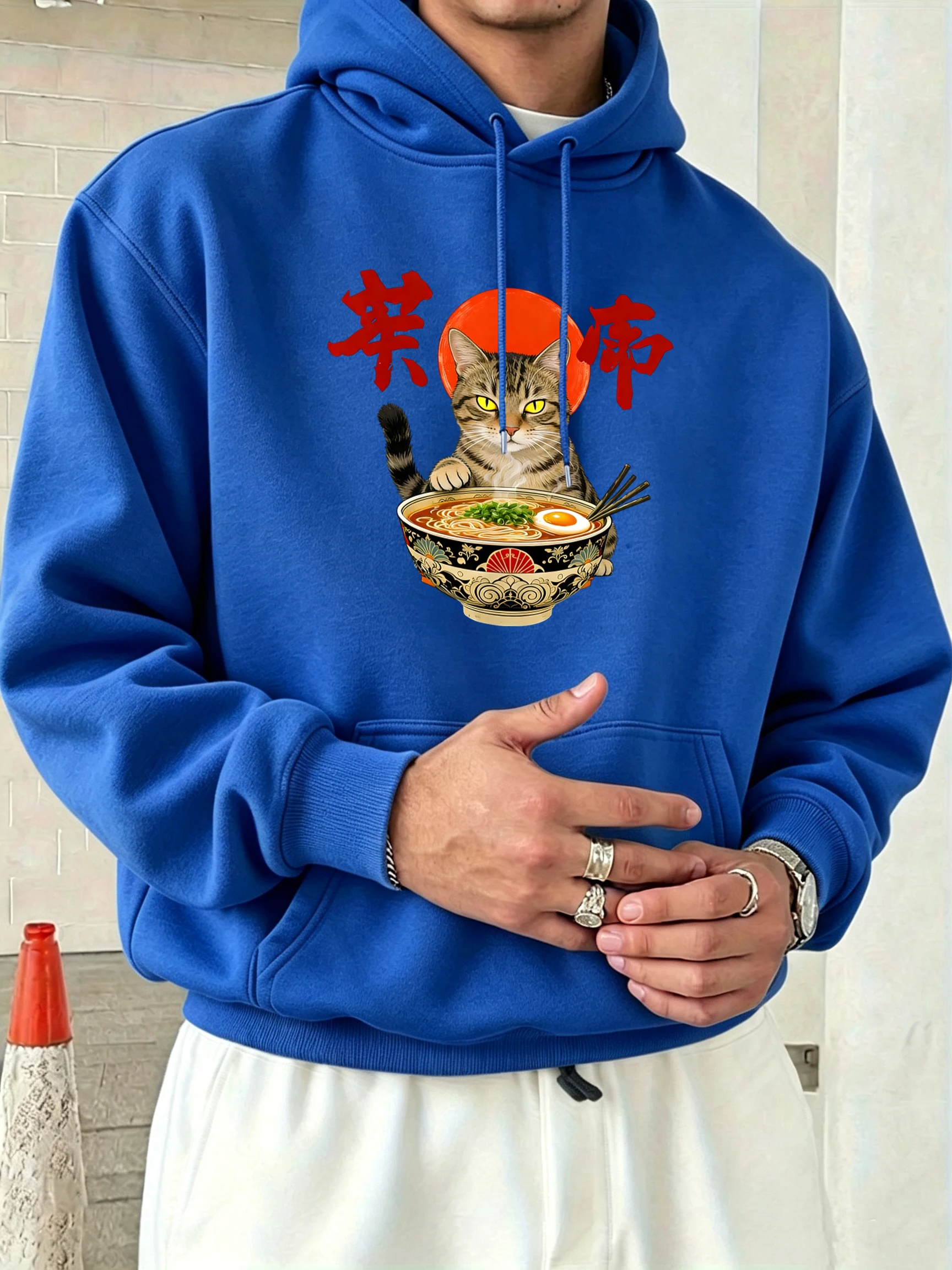Cat That Likes To Eat Noodles Pattern Men Hoodie O-Neck All-Match Pullovers Autumn Streetwear Fleece Unisex Loose Long Sleeve