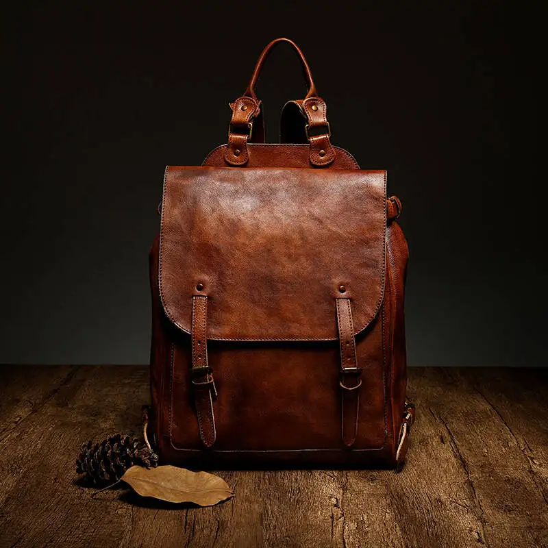 

XZAN European Fashion American Genuine Men's Bags Fashion Vintage Casual Men's Backpack, Vegetable-Tanned Leather With Distresse
