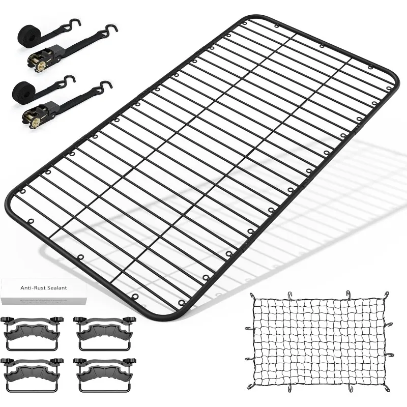 Car Roof Platform, Universal Roof Flat Rack Heavy Duty Roof Rack Platform with Super Duty Bungee Cargo Net,Ratchet Straps