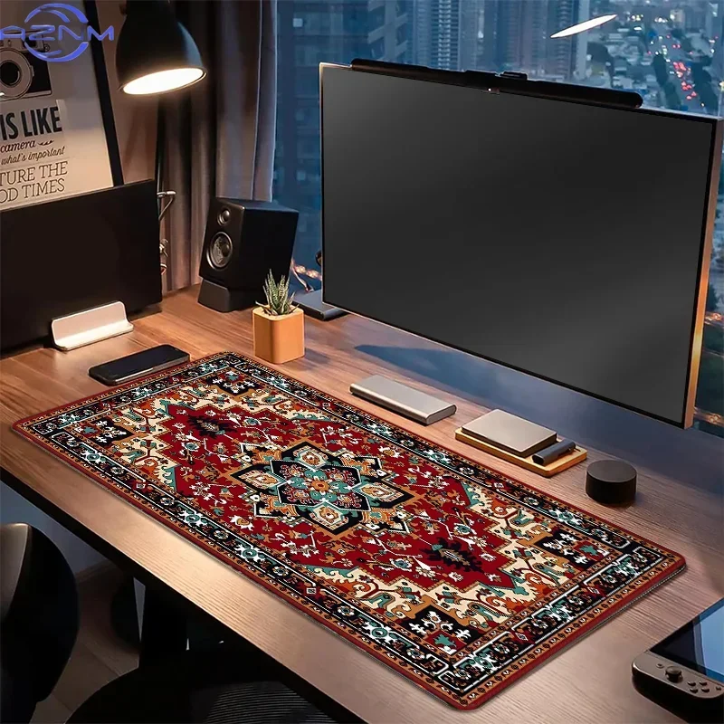 Bohemian Style Large Gaming Mouse Pad Antique Persian Rug Pattern Non-Slip Rubber Base Stitched Edges PC Desk Accessory