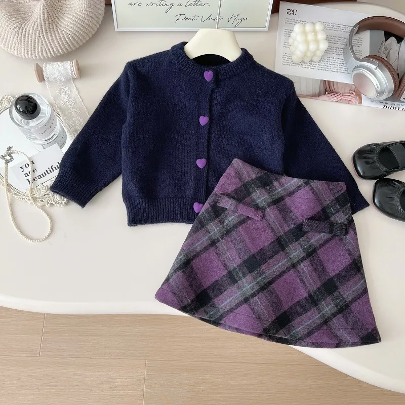 3-8 Year Old Girl Suit Sweet Cardigan Sweater and Woolen Plaid Skirt Suit Fashionable and Cute  Kids Clothes Girls Autumn Set