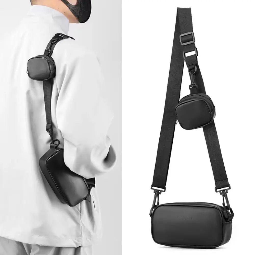 

PU Leather Men's Phone Bag Unisex High-end Black Crossbody Bag with Small Hanging Bag Zipper Mobile Phone Chest Bags for Couple