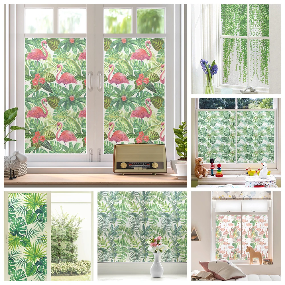 27 Styles Palm Leaves Pattern Non-adhesive Electrostatic Film Privacy Static Cling Frosted Opaque Glass Window Film Sticker