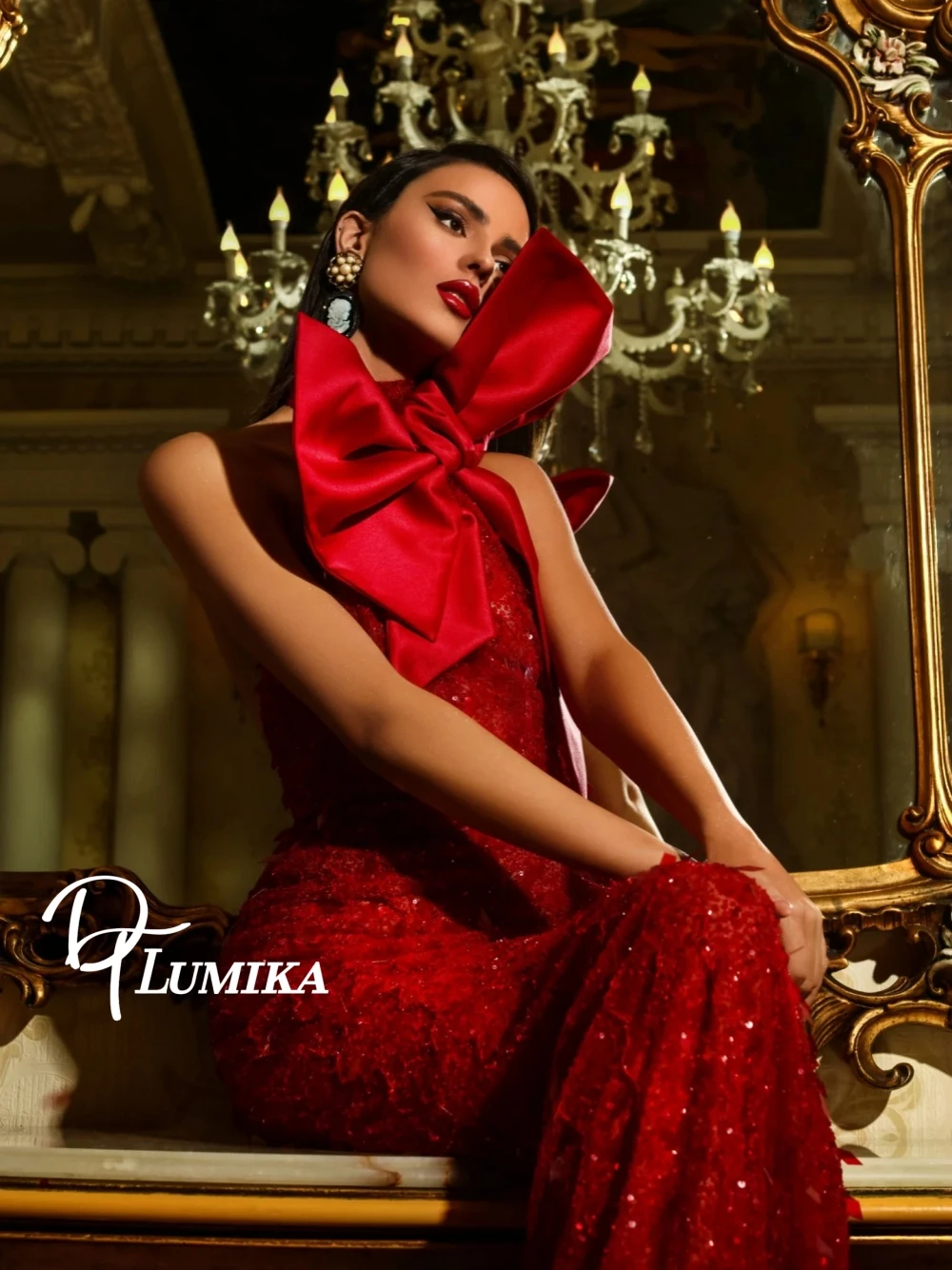 

Celebrity Red Mermaid Evening Dress Shiny Halter Beading Cocktail Gown Romantic Big Bow Beautiful Prom Gala Wear For Women