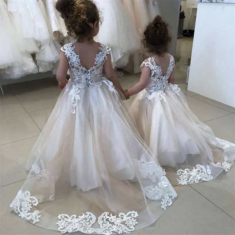 Tulle Flower Girl Dresses For Wedding Off Shoulder Princess Pagenat Dress Long Kids Applique First Holy Communion Party Gowns