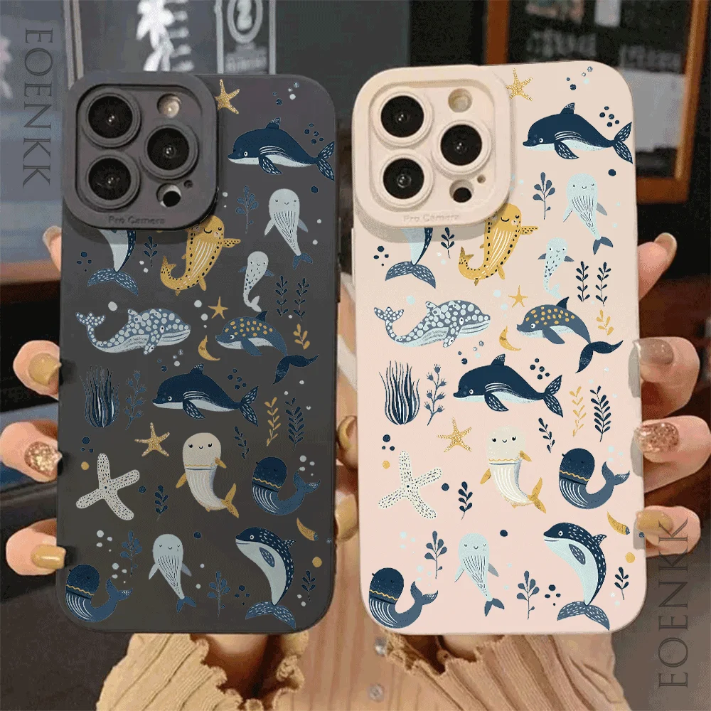 Ocean Fish Print Phone Case For iPhone 16 15 Cases 14 13 12 11 Pro Max 12 13 Mini XS Max XR X Plus Matte Soft Silicone Cover