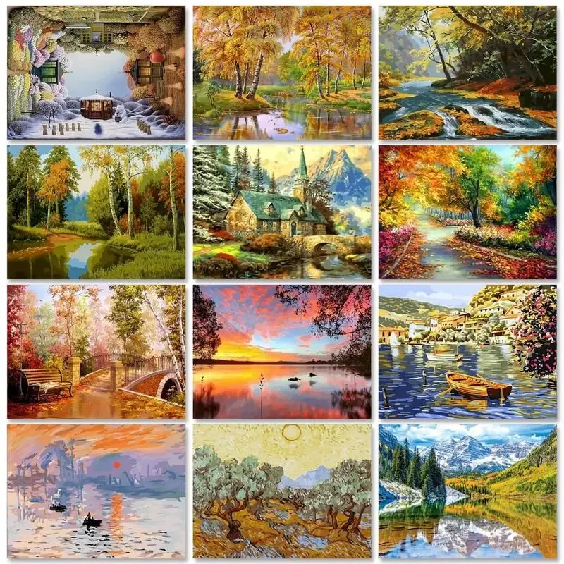 

410132 Acrylic Picture Paint By Numbers With Frame Forest Landscape Handicrafts Diy Ideas Drawing On Canvas For Home Decors