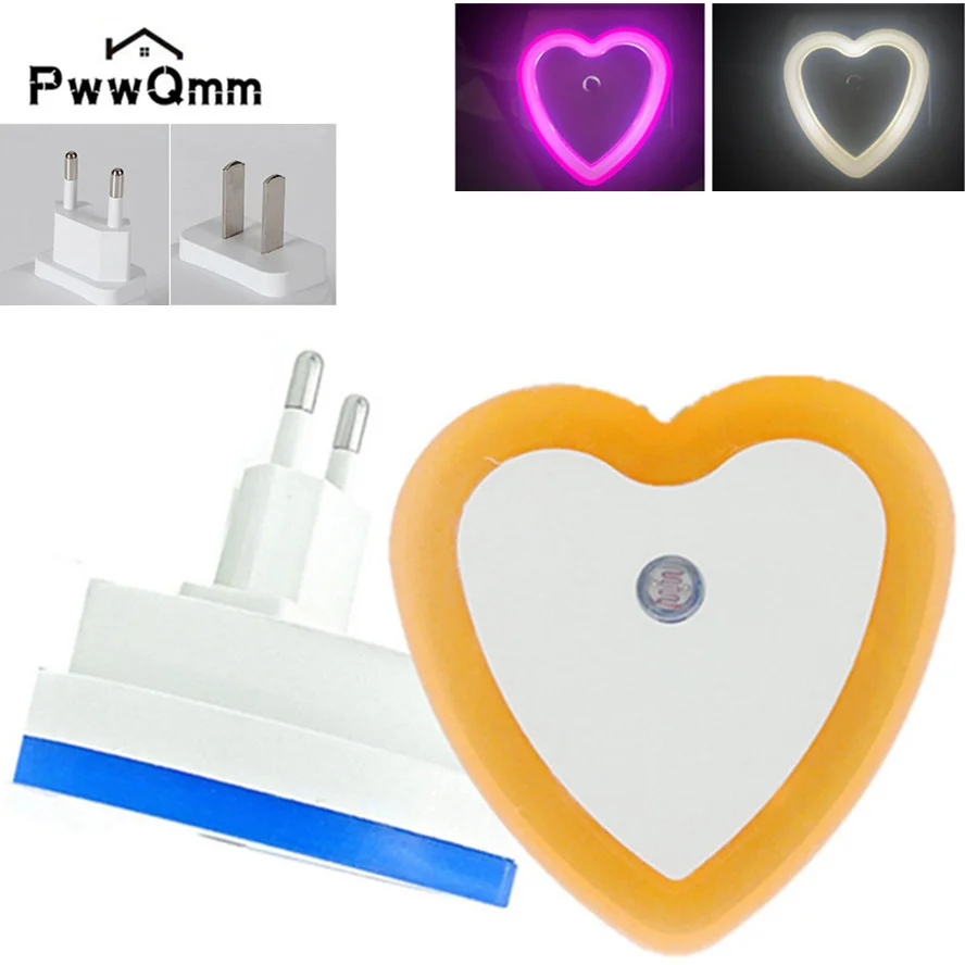 PwwQmm LED Night Light Lamp Bulbs Mini Heart Nightlight Smart Light Sensor EU US Plug 110V-240V Universal Room Home Corridor