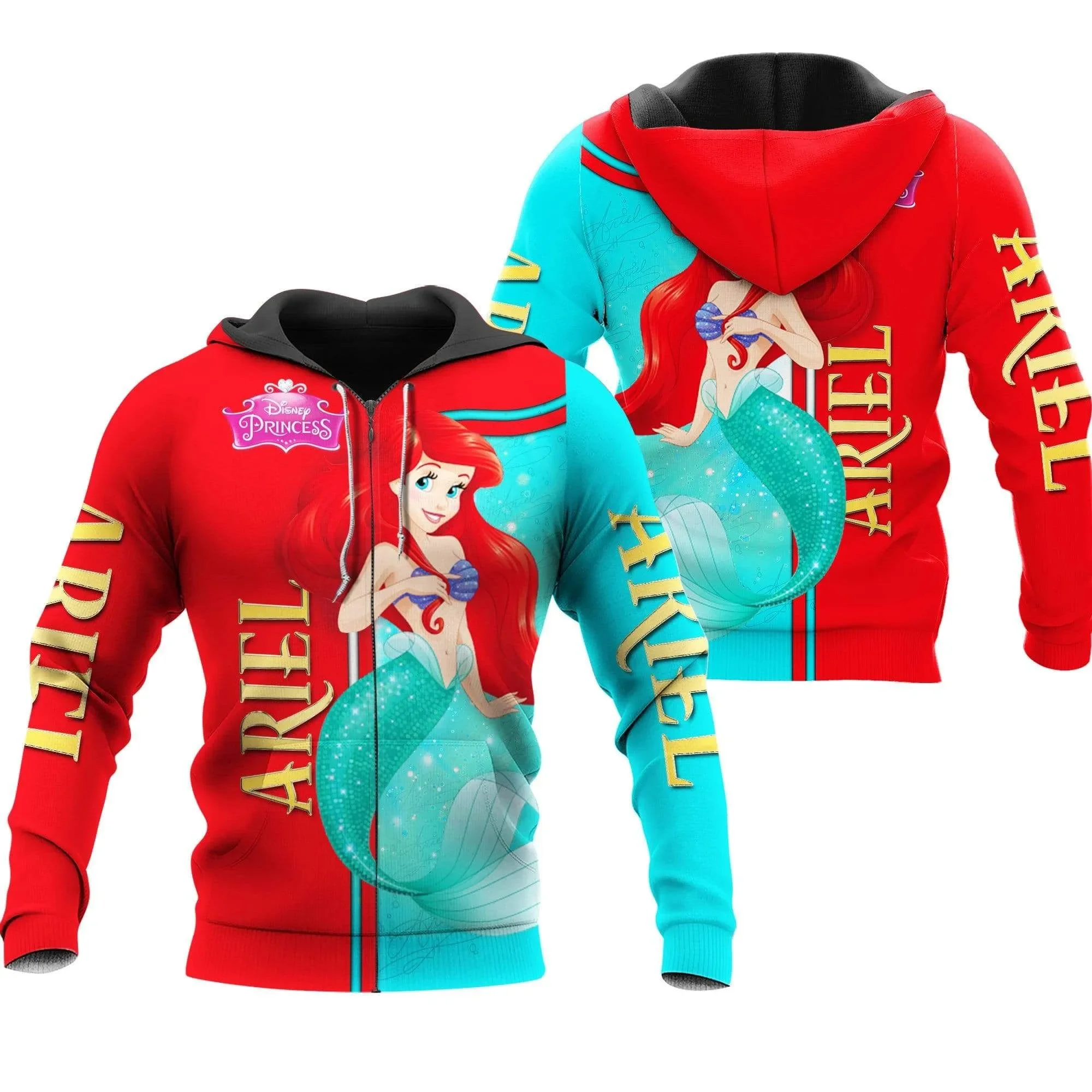 Little Mermaid Ariel 3d Hoodie Mens Women\'s Casual Fashion Sweatshirt Disney 3d Hoodie Harajuku Streetwear Cartoon Zipper Hoodie