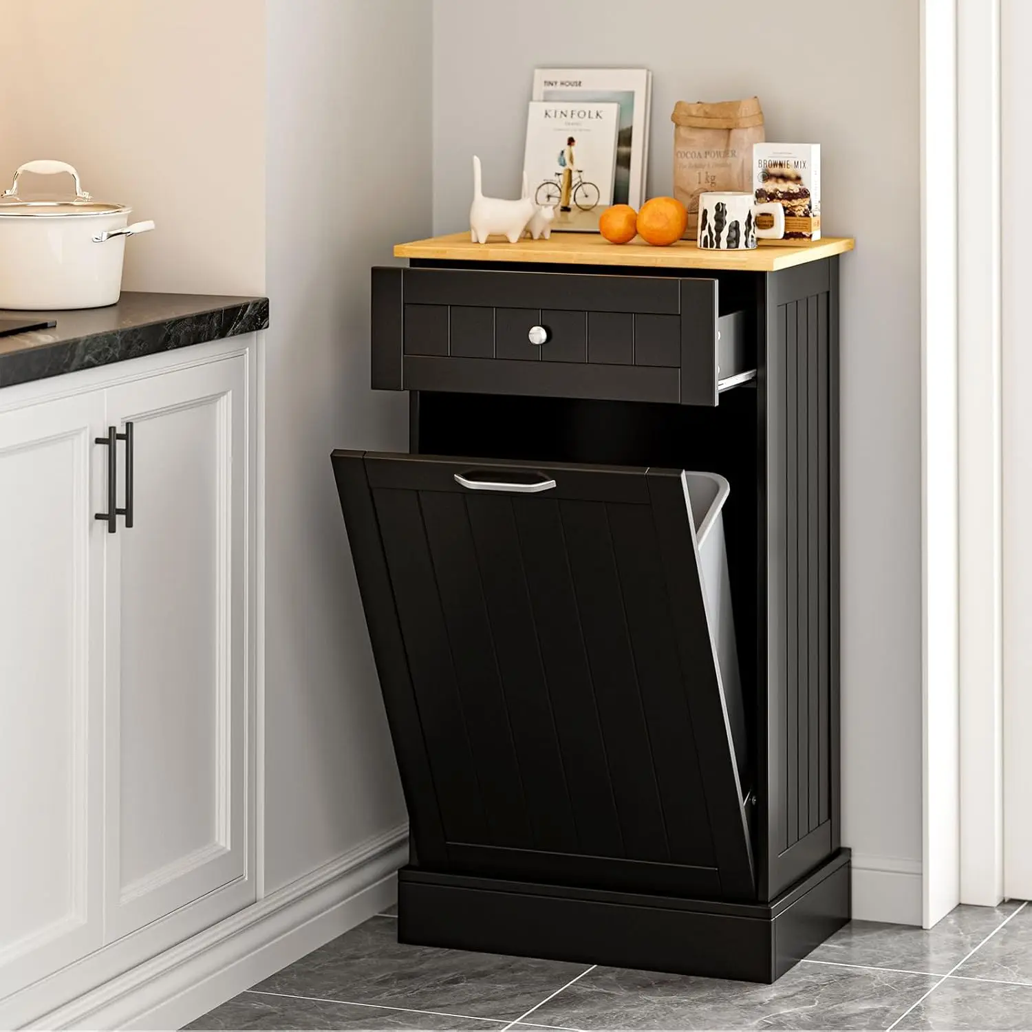 

10 Gallon Tilt Out Trash Cabinet, Upgrade Wooden Free Standing Recyclin Trash Cabinet with Hideaway Drawer(Black)