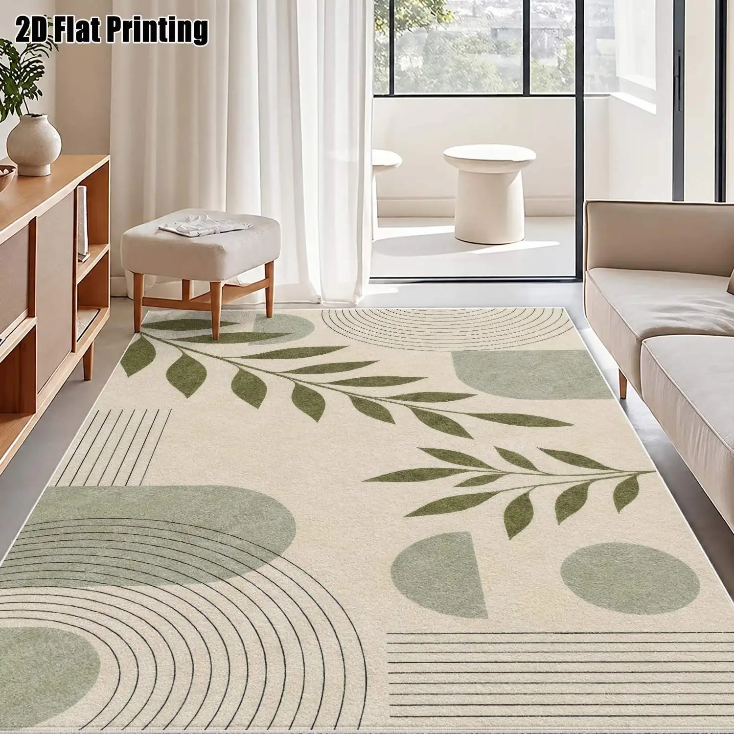 1Pc 2D Printed Velvet Carpet, Light Green Geometric Leaf Branch, Nordic/Instagram Modern Minimalist, Machine Washable, Multi-Size, Home Decor Floor Mat, Multi-Scene Use