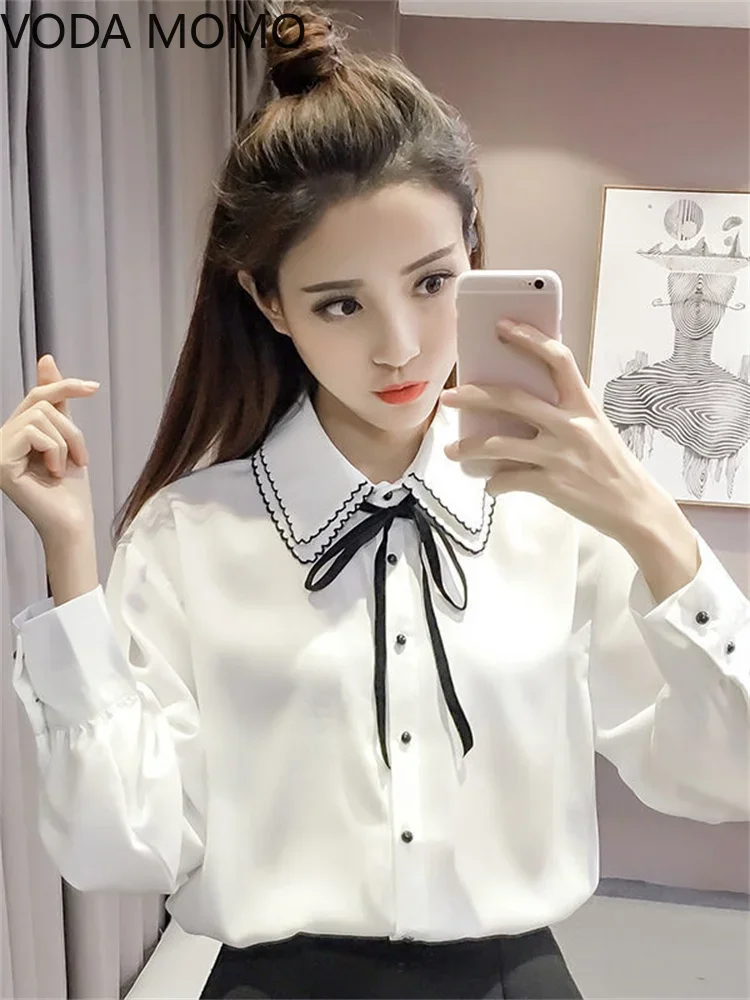 S-4XL Fashion Female Elegant Bow Tie White Blouses Chiffon Collar Casual Shirt Office Ladies Blouse Summer Blouses for Women