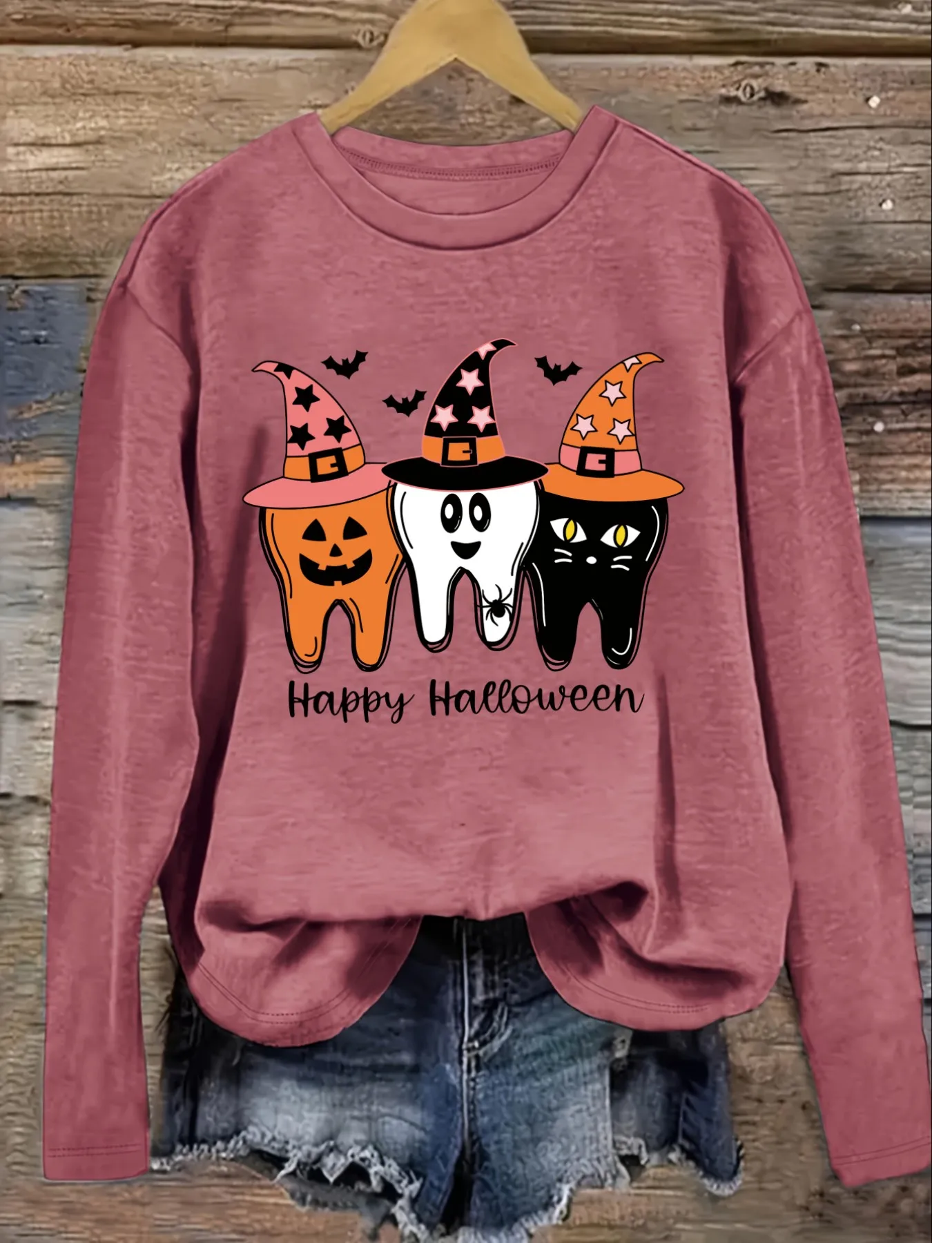 Women's Casual Long Sleeve Crew Neck T-Shirt Happy Halloween Tooth Witch Hats Design, Round Neck Women's Clothing, Machine Washable, Slightly Elastic, Loose Fit, Spring Autumn Winter Women's T-Shirt, Halloween Costume Outfit view 3