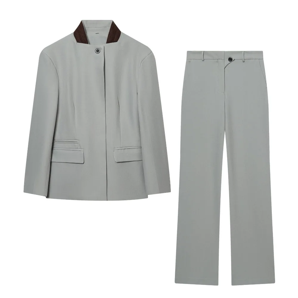 

Модный повседневный костюм: пиджак с контрастным воротником и прямые брюки, свободный крой, уникальная текстура и изысканный стиль