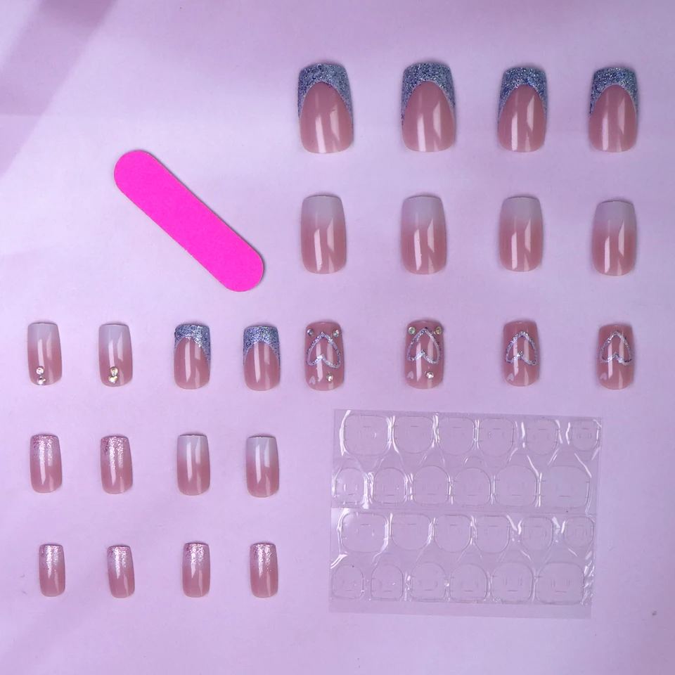 24 piezas de uñas postizas cortas francesas con degradado y corazones, incluye 1 gel jelly y 1 lima, regalo para chicas, madres y mujeres 4