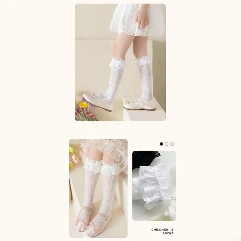 

R9JD Mesh Kneehigh Socks for Little Girls Outdoor Socks Breathable Heart Socks for School Kid Lace Trim Dress Socks