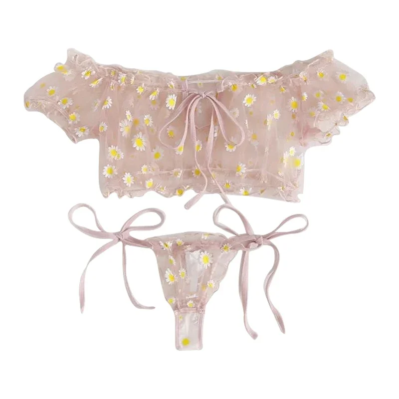Sexy Women's Underwear Lace Floral Wire Free Lingerie Set Off-Shoulder Small Chest Bralette+Thong Beachwear Transparent Bra Set